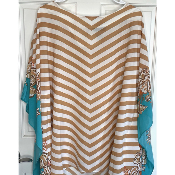 Bob Mackie Wearable Art Women's Caftan Poncho Sz L Seaside Stripes Coastal Boho - Picture 2 of 14